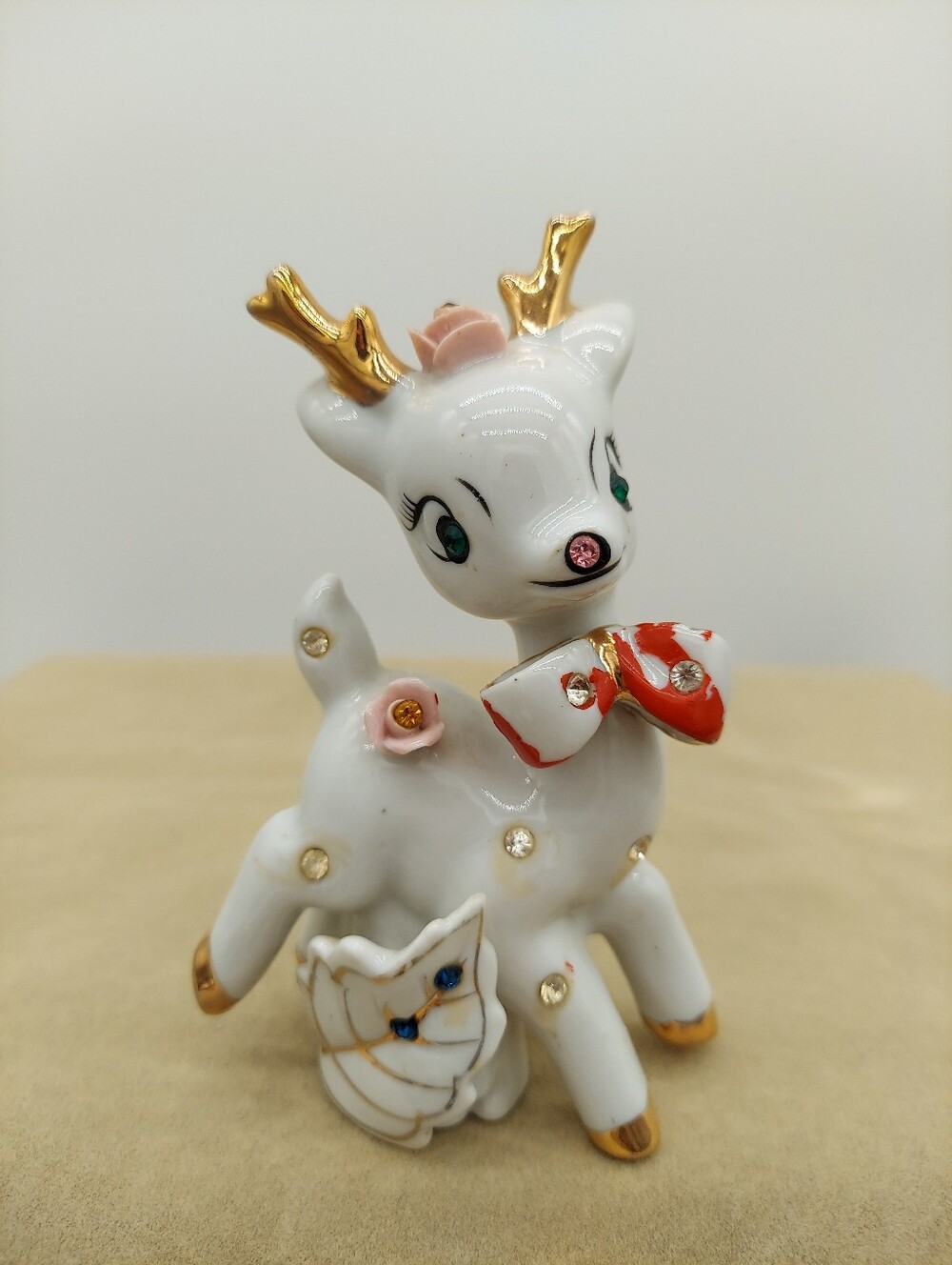Vintage 1950's Ceramic Christmas Reindeer Deer Figurine With Rhinestones